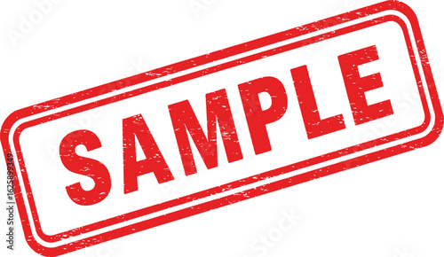 Red distressed rubber stamp with the word sample in bold white letters isolated on transparent background