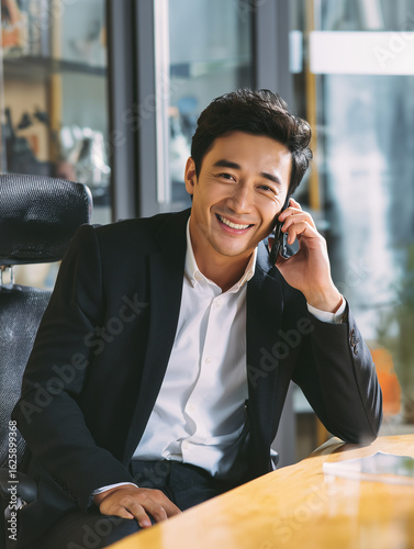 front view half-length portrait of a young asian businessman is smile and talking on a smart phone