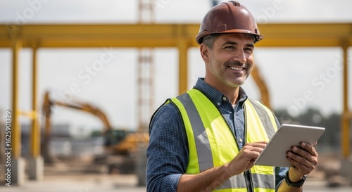 Caucasian man in hard hat and safety vest, smiling while using digital tablet at construction site, building future.