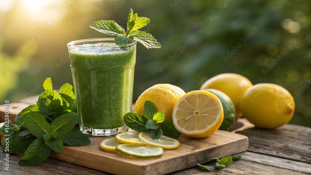 Fototapeta premium Invigorating green smoothie with lemon and mint on a wooden board, set against a blurred nature backdrop in warm sunlight