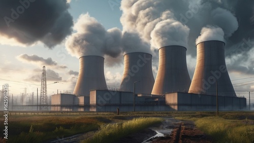 Nuclear Power Plant Cooling Towers Releasing Steam into a Cloudy Sky