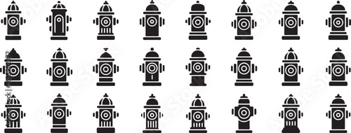 Collection of black fire hydrant silhouettes on a white background