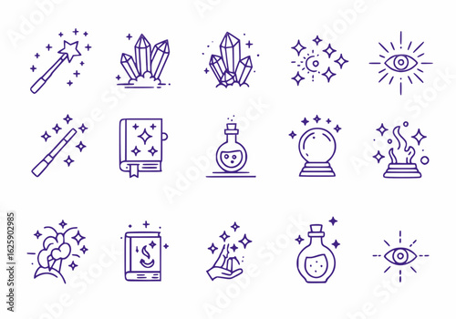 Magic and Mystical Line Icons with Crystal, Spellbook, Potion, and Magic Wand