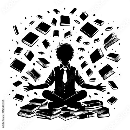 Boy Reading with Floating Books