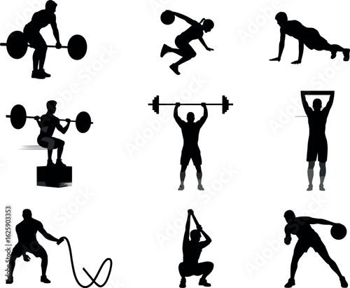 Fitness workout icons, gym training silhouettes, strength exercises, kettlebell swings, push-ups, squats, rope training, muscle building, athletic routine, gym graphicsFitness workout icons