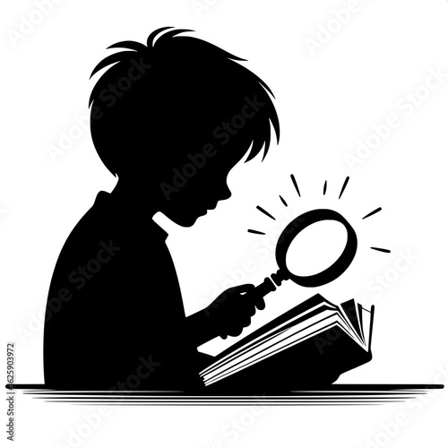 Boy Looking Through Magnifier at Book
