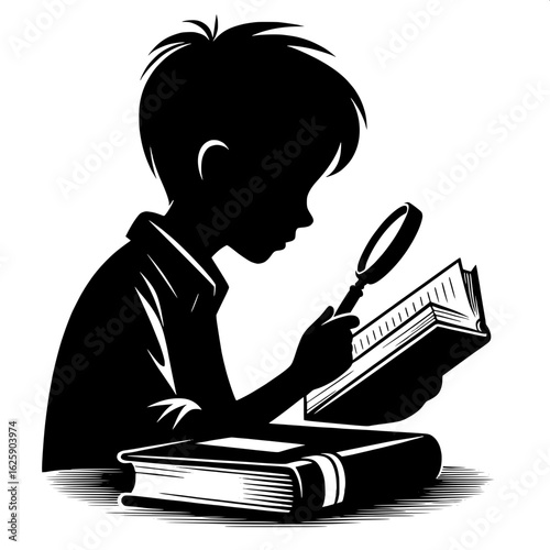 Boy Looking Through Magnifier at Book
