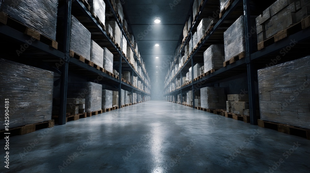 Fototapeta premium Vast industrial warehouse with orderly shelves of stored goods long title Expansive industrial warehouse interior with rows of organized shelving