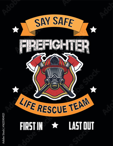 Firefighter Life Rescue Team Emblem with Axe and Helmet Graphic for Fire Safety Awareness and Heroic Service