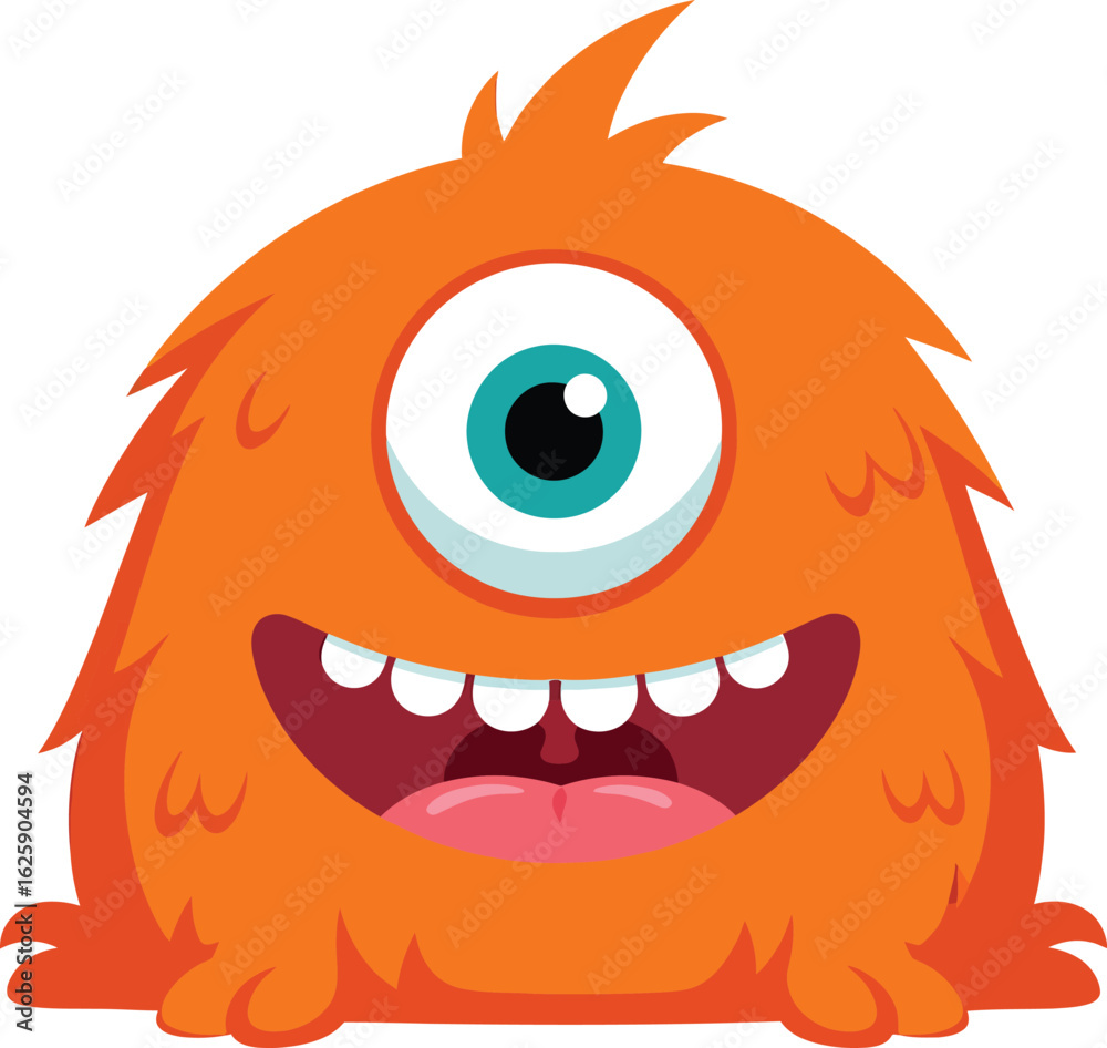 Fototapeta premium Friendly orange cartoon monster peeking out with a wide smile and one big eye
