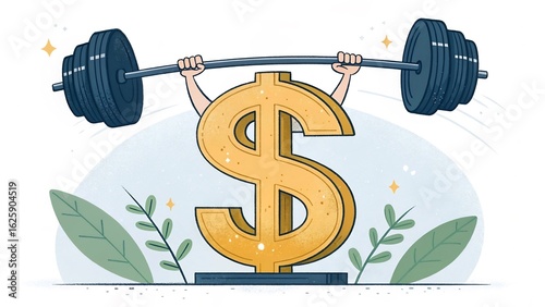 Illustration of a dollar sign lifting a barbell, symbolizing financial strength and investment power isolated on white background