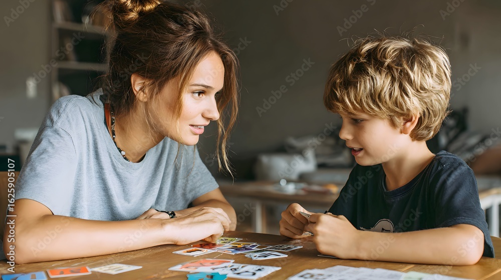 Fototapeta premium Teacher Engaging with Child in Educational Card Activity – Learning Through Play
