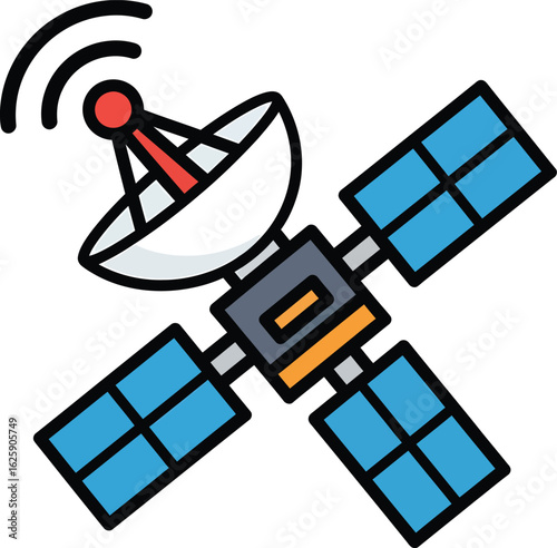 Satellite broadcasting signal with solar panels for modern communication technology illustration