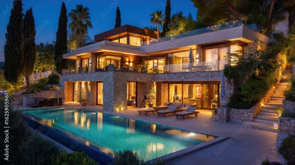 Obraz premium Luxury villa pool evening design