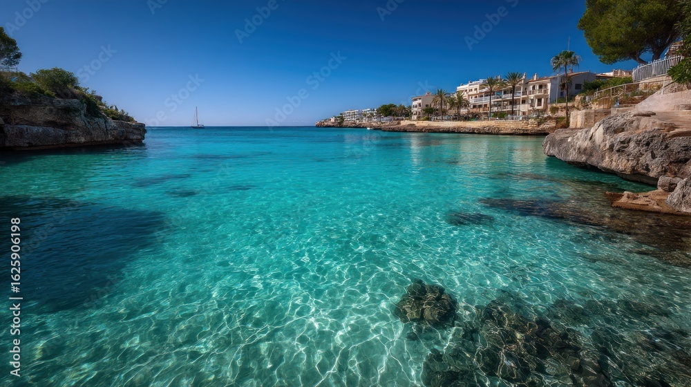 Fototapeta premium Turquoise water meets shoreline buildings