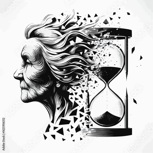 Conceptual illustration of an elderly woman with flowing hair and an hourglass in black and white