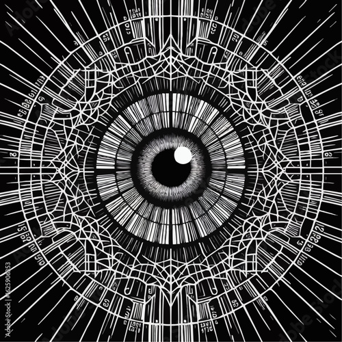 Intricate design of an all-seeing eye with radial lines and geometric patterns in black and white