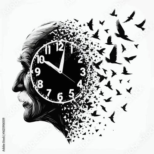 Thought-provoking illustration of an elderly man's profile with a clock and flying birds symbolizing the fleeting nature of time in black and white