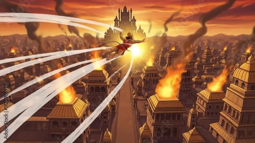 hanuman flies over burning ancient city