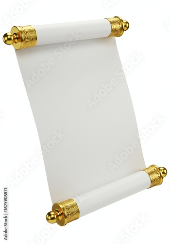 A blank white vertical scroll standing upright, featuring elegant polished gold finials and ornate end-caps on both the top and bottom rollers. The paper is clean, smooth, and matte white