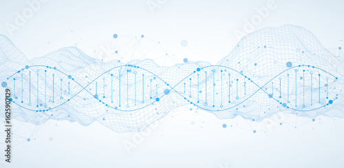 Abstract image of DNA molecule on wireframe wave. Scientific vector background.