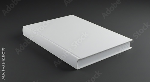 A blank white hardbound book, lying closed on a dark gray surface. The book is positioned at a slight angle, with the spine facing upwards and to the left. The cover is smooth and unmarked