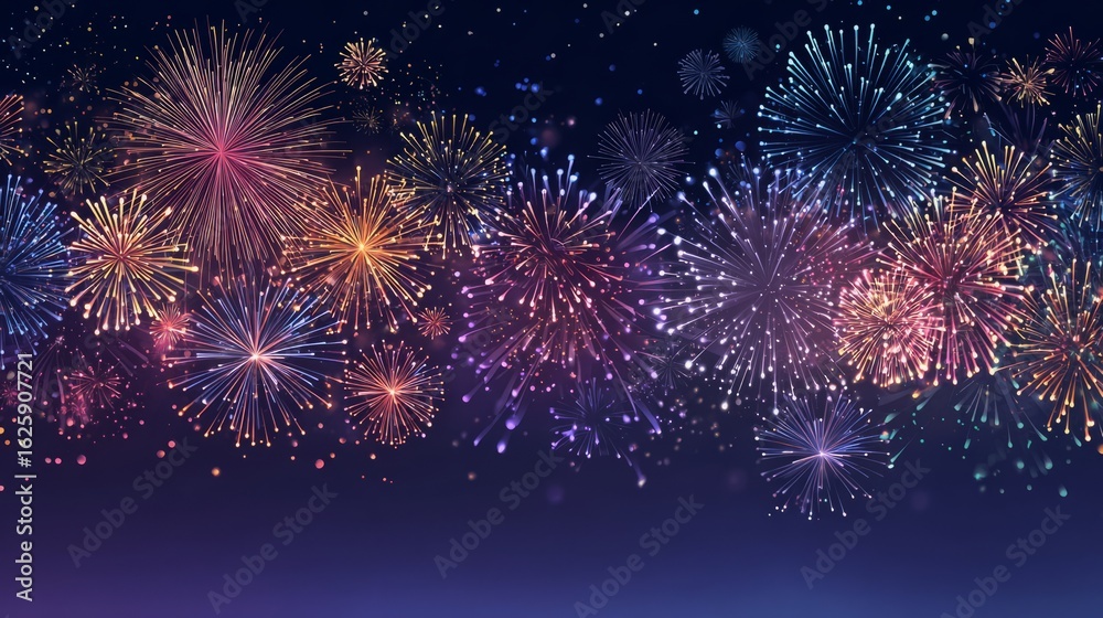 Fototapeta premium A vibrant and festive fireworks display explodes across a dark night sky, illuminating the scene with bursts of color and light. Perfect for celebrations, events, and special occasions.