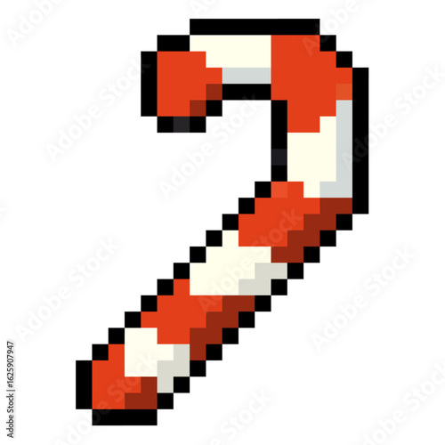 Pixel candy cane vector for sweets, festive seasons, and holidays in a retro pixelated style. Great for illustrating Christmas, celebrations, and fun designs.