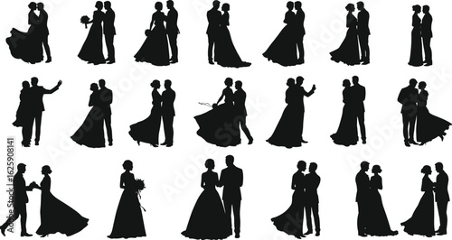 Elegant wedding couple silhouette set, romantic poses, dancing bride and groom, love icon collection for invitation, decoration, vector design
