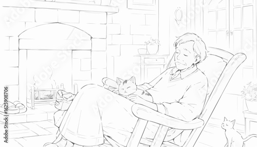 Black and white line drawing of a woman relaxing in a chair with cats by the fireplace for coloring book concept
