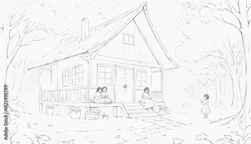 Line drawing of a cozy cottage in the woods with a family enjoying time together outside for coloring book concept
