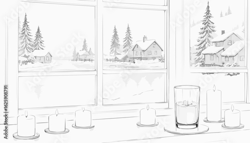 Line drawing of a winter landscape view through a window with candles and a glass on the sill for coloring book concept
