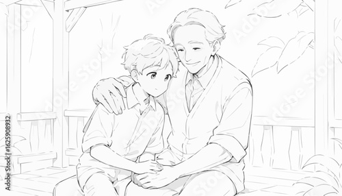 Line art illustration of a grandfather and grandson sharing a moment, heartwarming coloring page design
