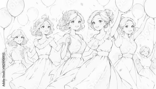 Line art illustration of a group of cheerful girls celebrating with balloons, fun coloring page design
