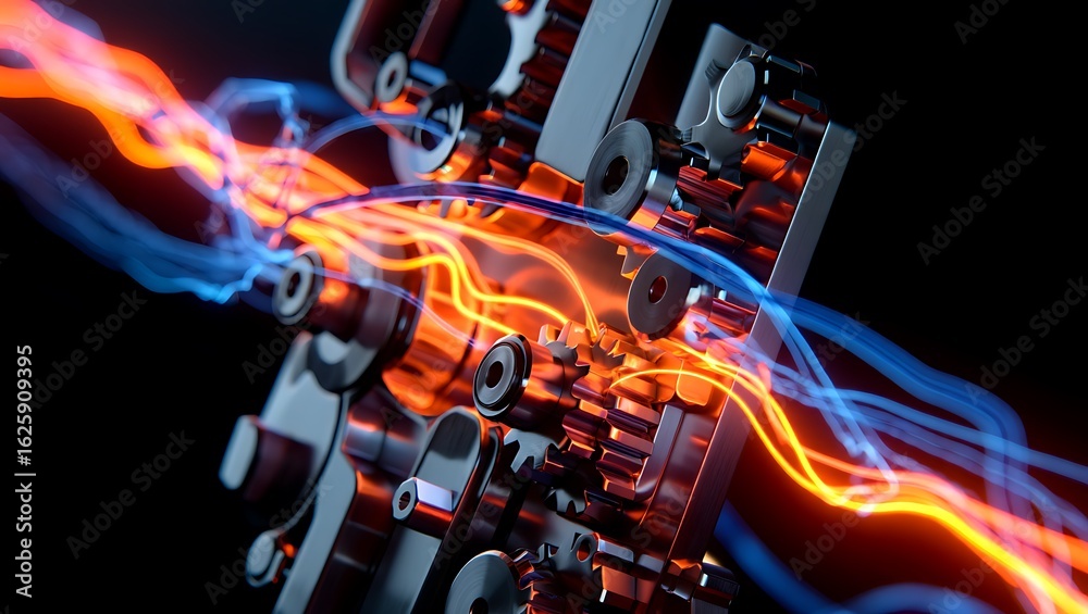 Fototapeta premium Dynamic abstract close-up of intricate metallic gears and mechanical components energized by glowing orange and blue light trails.