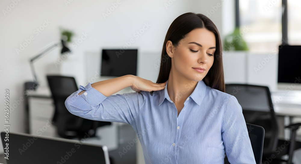 Fototapeta premium Relaxed Young Woman Stretching Neck in Modern Office with Natural Light