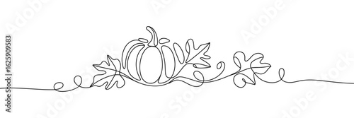 Autumn Pumpkin One Line Drawing with Leaves for Thanksgiving, Harvest, and Fall Decor vector illustration