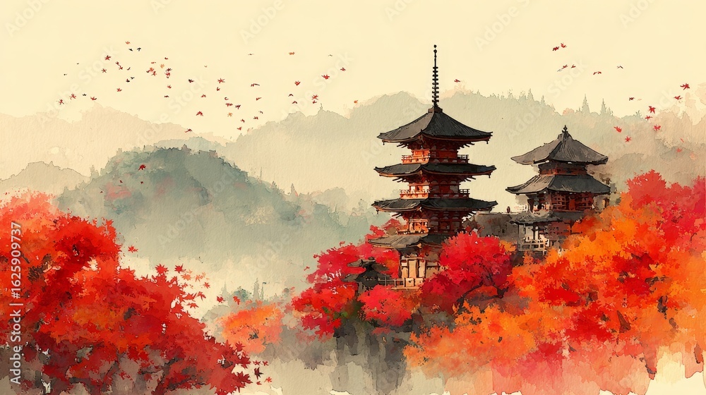 Fototapeta premium japanese autumn landscape, traditional pagodas surrounded by red and orange maple leaves, soft watercolor style, distant misty mountains, falling leaves in the wind, serene and peaceful