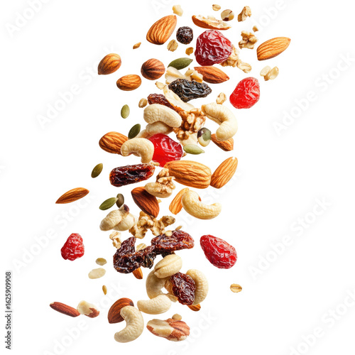 Assorted dried fruits and nuts falling in a cascade isolated on transparent background