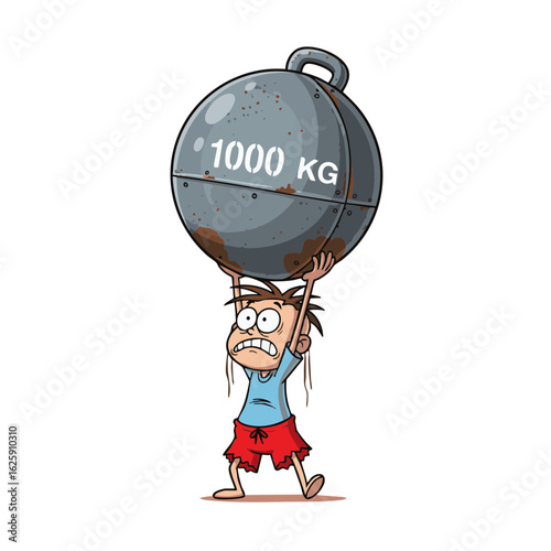 A humorous cartoon illustration of a determined boy struggling to lift a massive 1000 kilogram weight