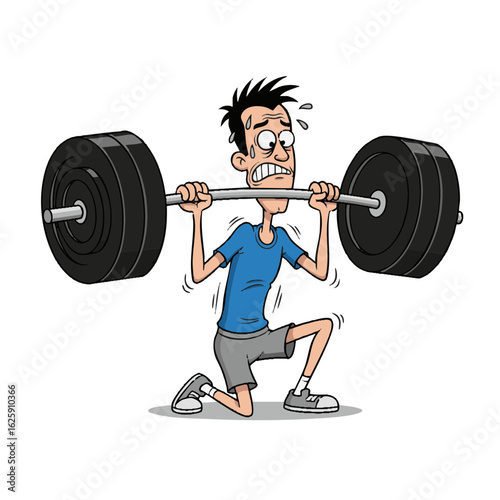 A humorous cartoon illustration of a skinny man struggling to lift a heavy barbell, showcasing the challenge of weightlifting.