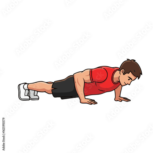 Vector illustration of a fit man performing a push-up exercise. Bodyweight training for strength and a healthy fitness routine.