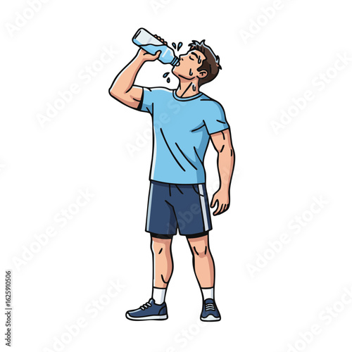 Athletic man drinking water from a bottle after a workout. Vector illustration of hydration, health, and refreshment.