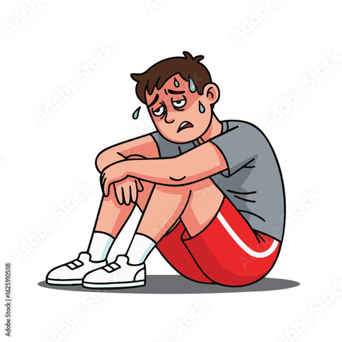 Exhausted young man in sportswear sitting on the ground after a hard workout, feeling tired and dehydrated from exercise.
