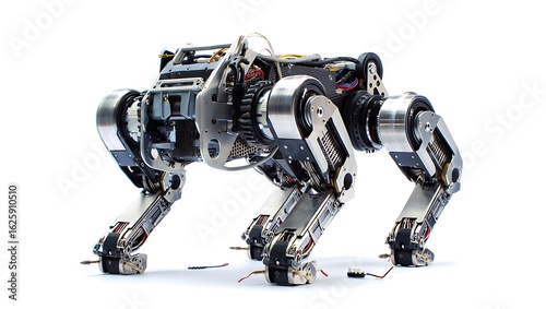 Robust quadruped robot with exposed gears and powerful mechanical legs on a clean white background.
