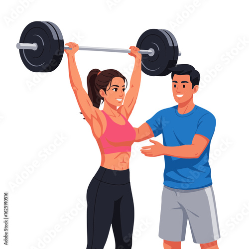 Athletic woman doing an overhead press with a barbell, guided by her male personal trainer for strength training.