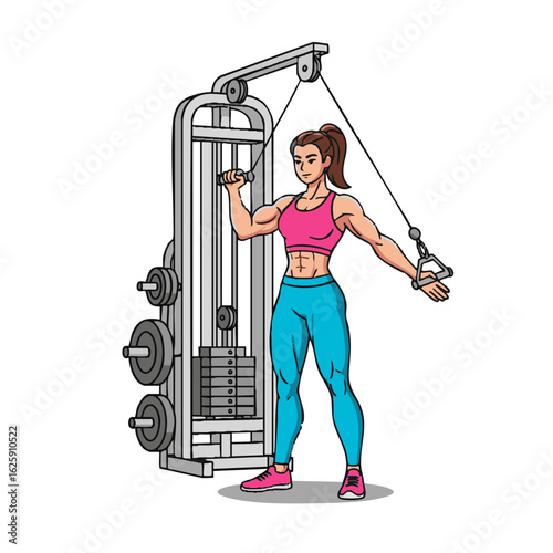 Strong athletic woman performing a cable crossover exercise on a machine. Fitness and bodybuilding concept illustration for gym workouts.