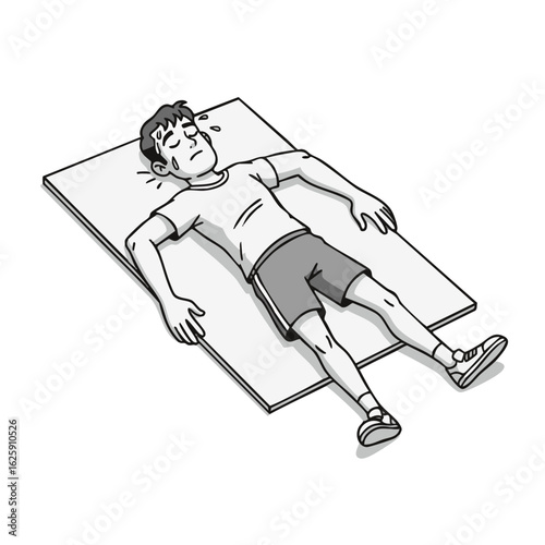 Tired young man lying on an exercise mat, exhausted after a strenuous workout session. Black and white illustration of fatigue.
