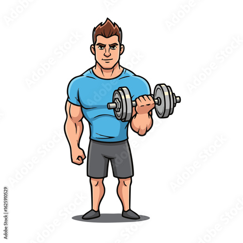 Muscular man cartoon character doing a bicep curl with a heavy dumbbell. Fitness and gym mascot concept for strength training.