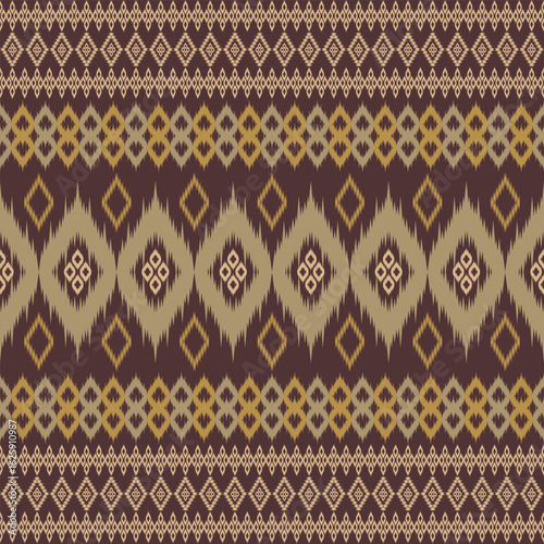 Seamless ikat patterns in dark brown or dark purple tones contrast with golden yellow, beige, and cream. They are commonly used in textiles such as sarongs, scarves, coats, and bags.